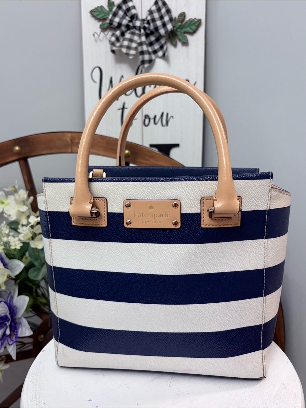 kate spade ♠️ Navy and Cream Striped Tote with Tan Structured Handles